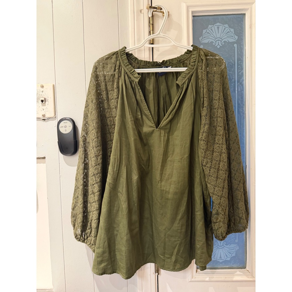 Gap Olive Green Lace Balloon Sleeve Peasant Blouse XL Tall Boho Ruffle Neck Top